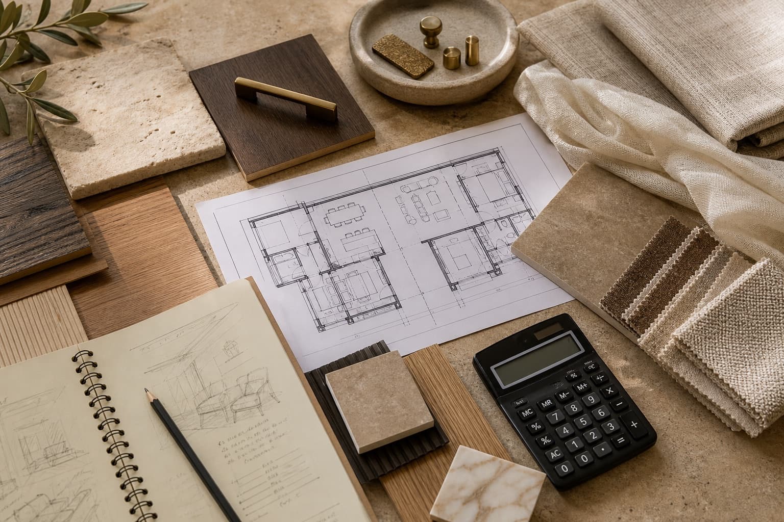 Interior design material samples, floor plan, fabric swatches, and calculator used to plan a Dubai home budget.