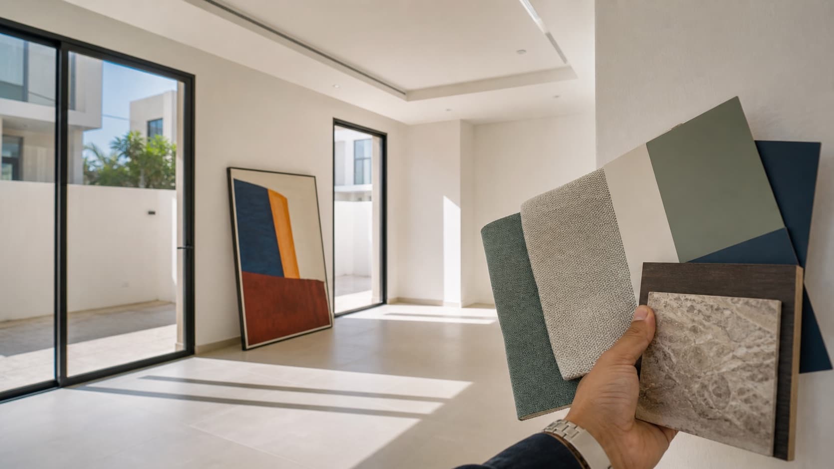 A hand holding paint, fabric, stone, and wood samples inside a bright standard off-plan Dubai villa before interior design work begins.